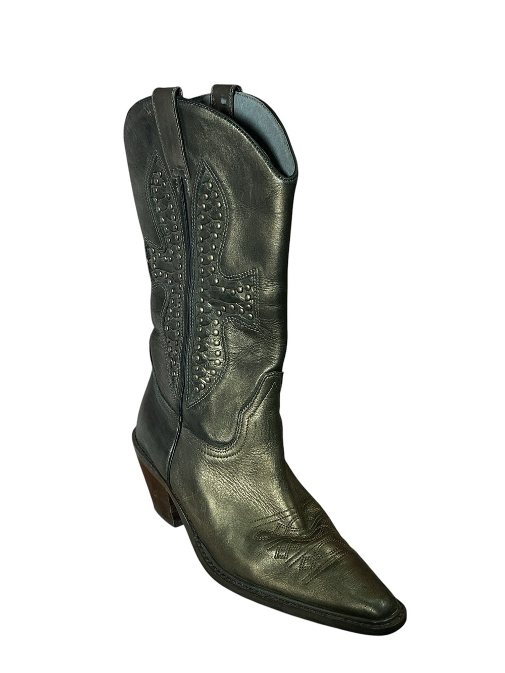 Vintage Studded Metallic Point Toe Cowboy Boot Size 8